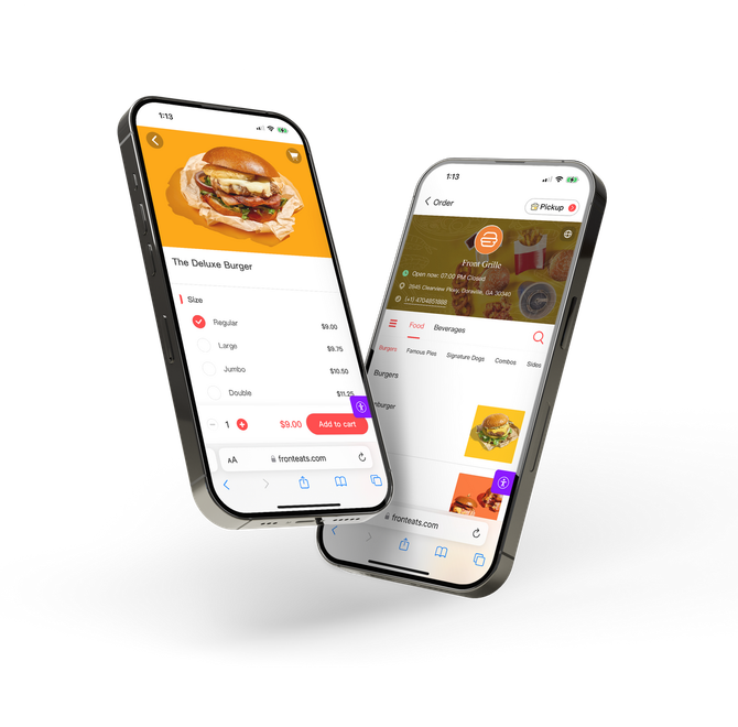 Front Eats restaurant online ordering platform on two iPhones with ordering and menu interfaces for a burger restaurant.