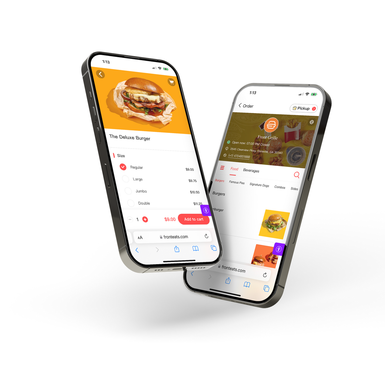 Front Eats restaurant online ordering platform on two iPhones with ordering and menu interfaces for a burger restaurant.