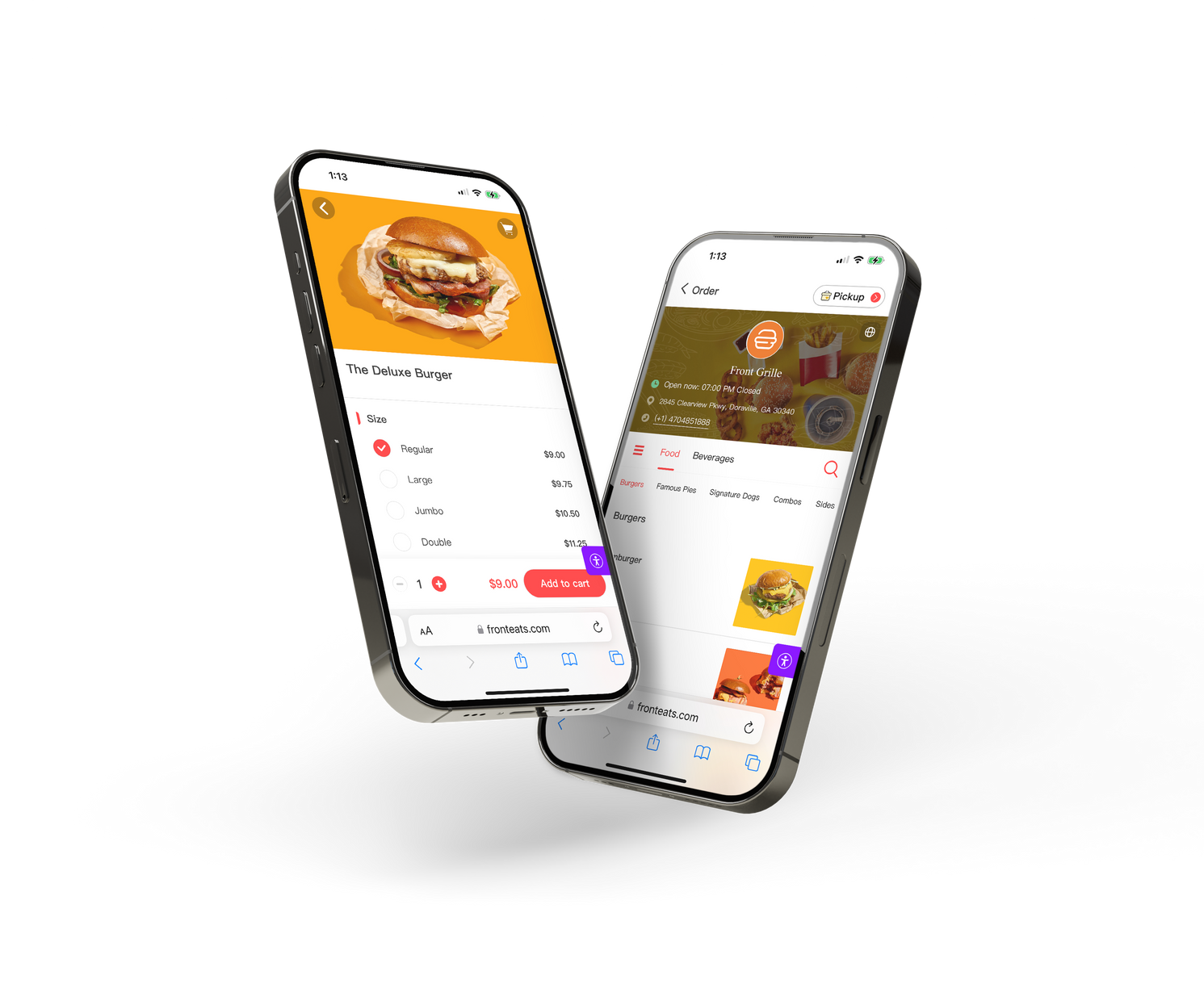 Front Eats restaurant online ordering platform on two iPhones with ordering and menu interfaces for a burger restaurant.