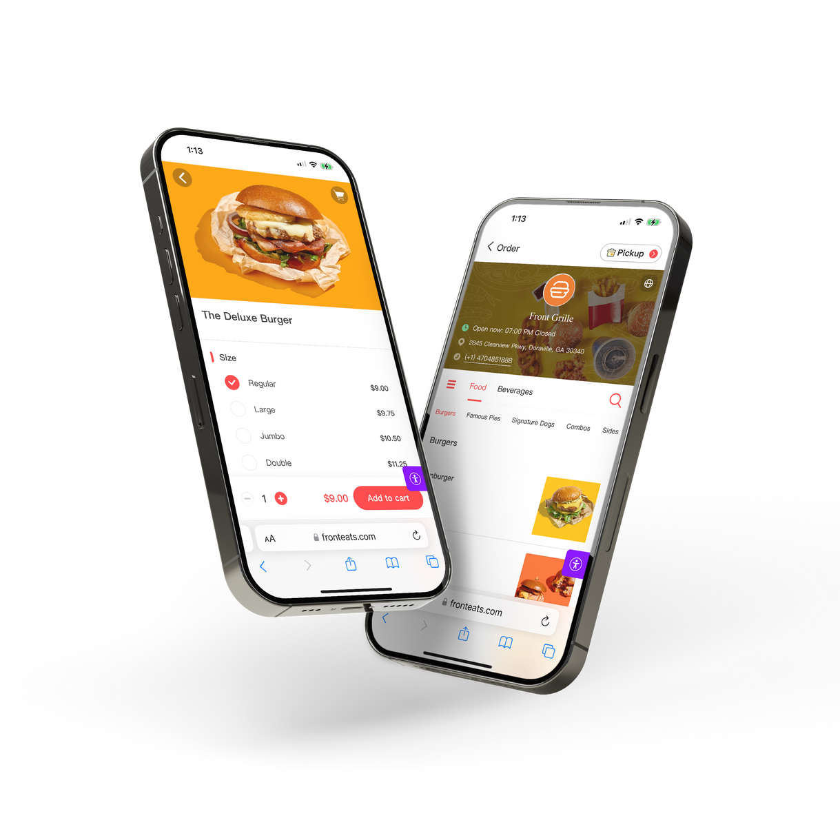 Front Eats restaurant online ordering platform on two iPhones with ordering and menu interfaces for a burger restaurant.