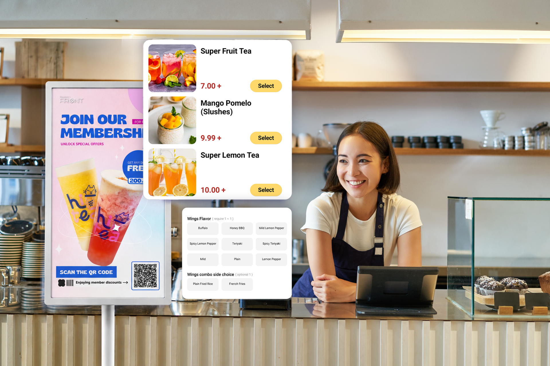 Server smiles looking over at Front Kiosk with a closeup popup of the menu interface next to the kiosk.