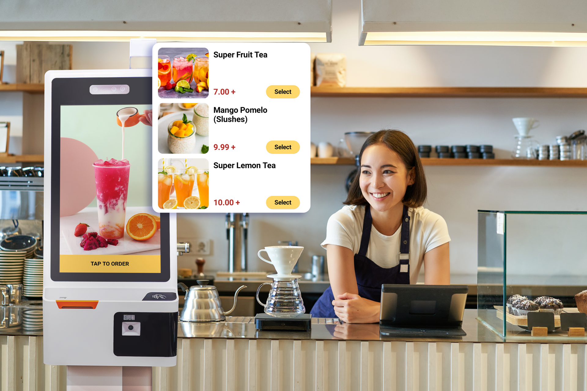 Server smiles looking over at Front Kiosk with a closeup popup of the menu interface next to the kiosk.