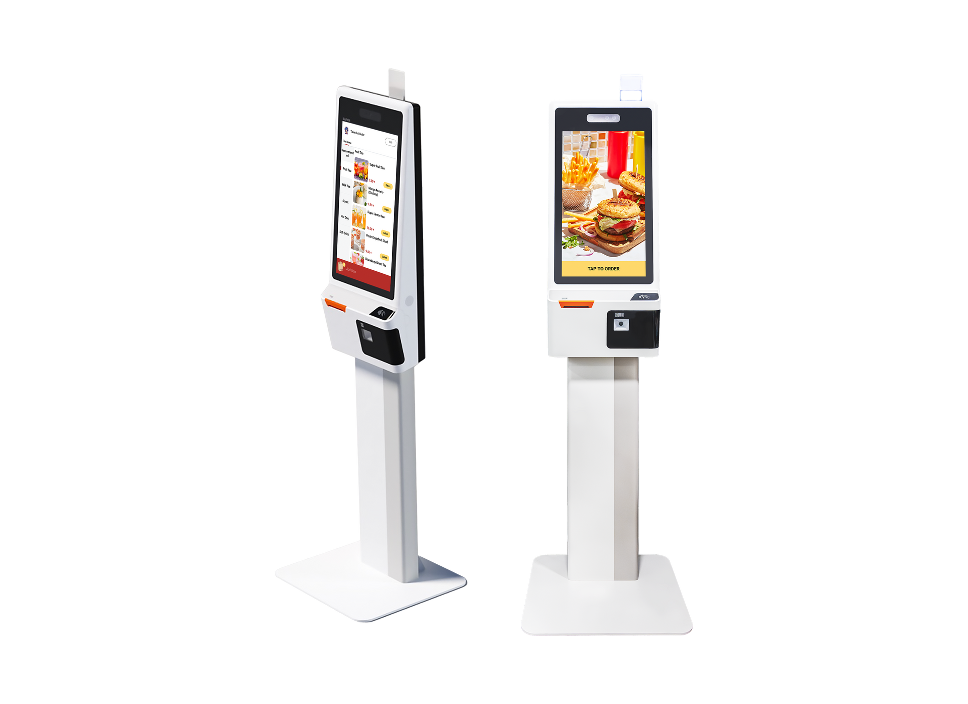 Front Kiosk restaurant self-ordering software on 2 Sunmi k2 kiosks with kiosk ordering and menu interfaces