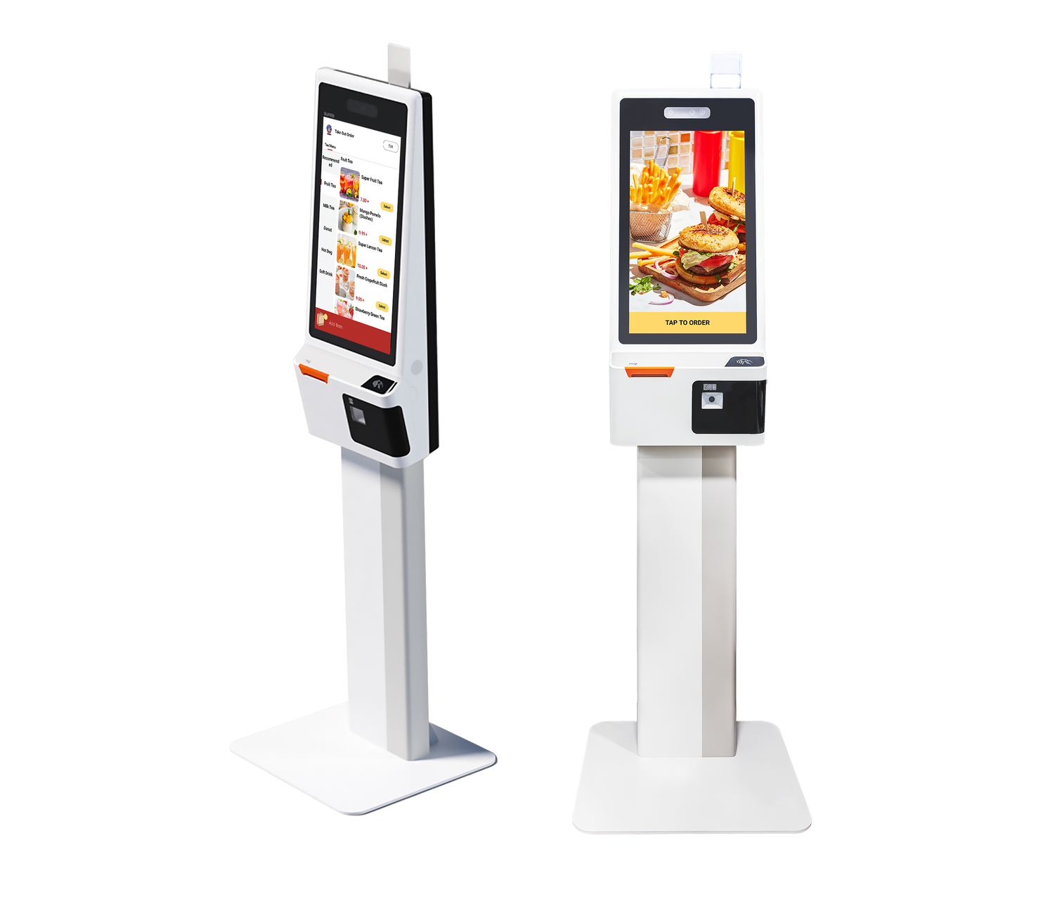 Front Kiosk restaurant self-ordering software on 2 Sunmi k2 kiosks with kiosk ordering and menu interfaces