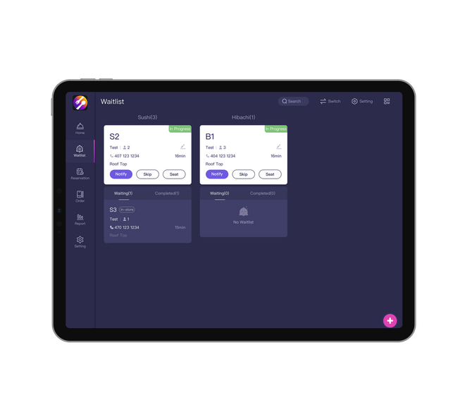 Front Waitlist restaurant waitlist system on Front Tab back office host-facing interface seat notify or cancel guests on iPad