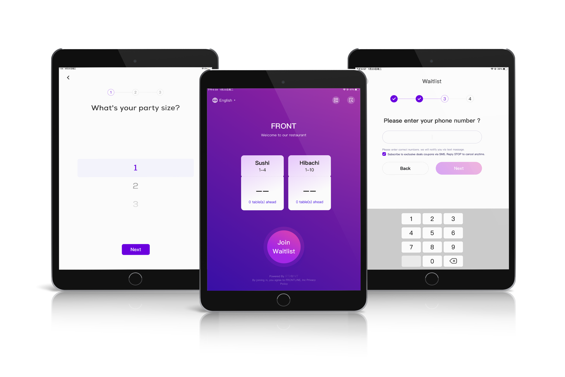 Front Waitlist restaurant waitlist system on 3 tablets with the join waitlist, party size & phone number c-facing interface.