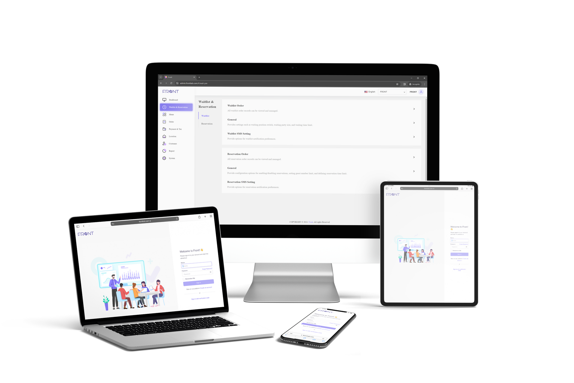 Front Tab interface on a computer,  a laptop, a tablet, and a mobile