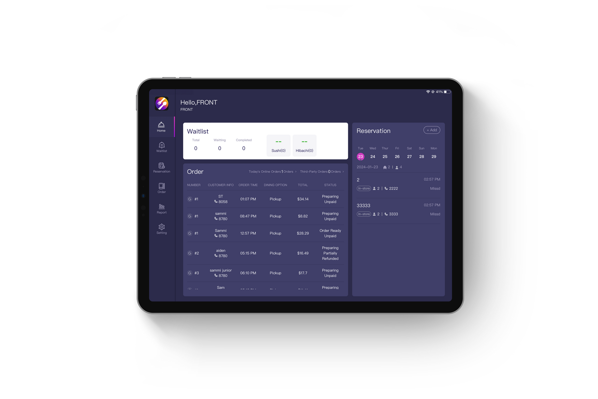 restaurant waitlist tablet with waiting customer dashboard interface for hosts and servers via front tab