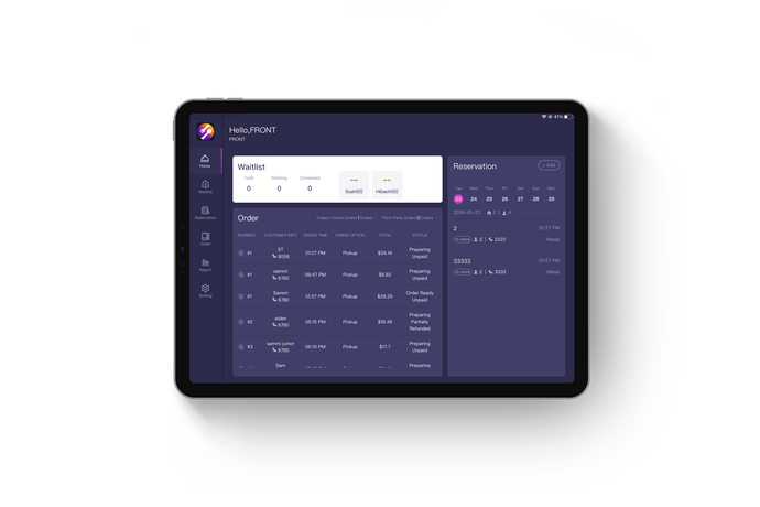 Front Tab restaurant back office dashboard for waitlist reservation and online ordering management on iPad tablet and POS