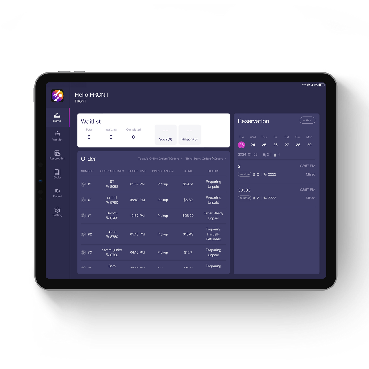 Front Tab restaurant back office dashboard for waitlist reservation and online ordering management on iPad tablet and POS