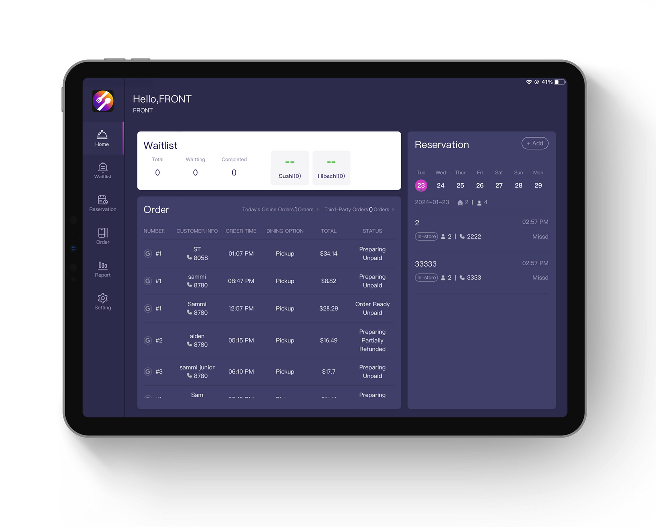 Front Tab restaurant back office dashboard for waitlist reservation and online ordering management on iPad tablet and POS