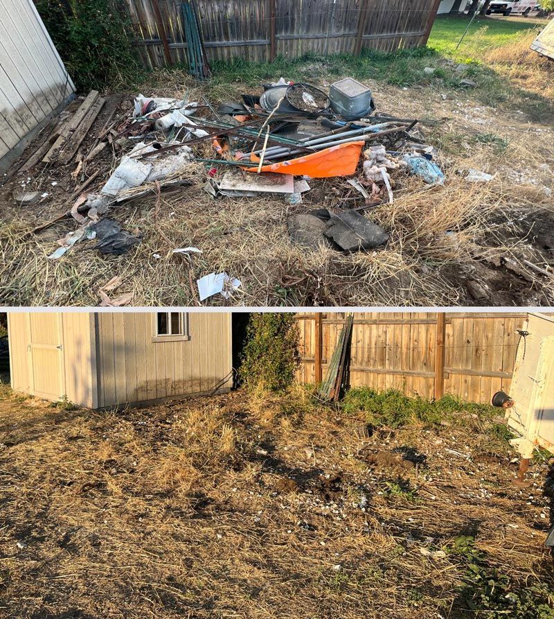 A before and after picture of a pile of trash in a backyard.
