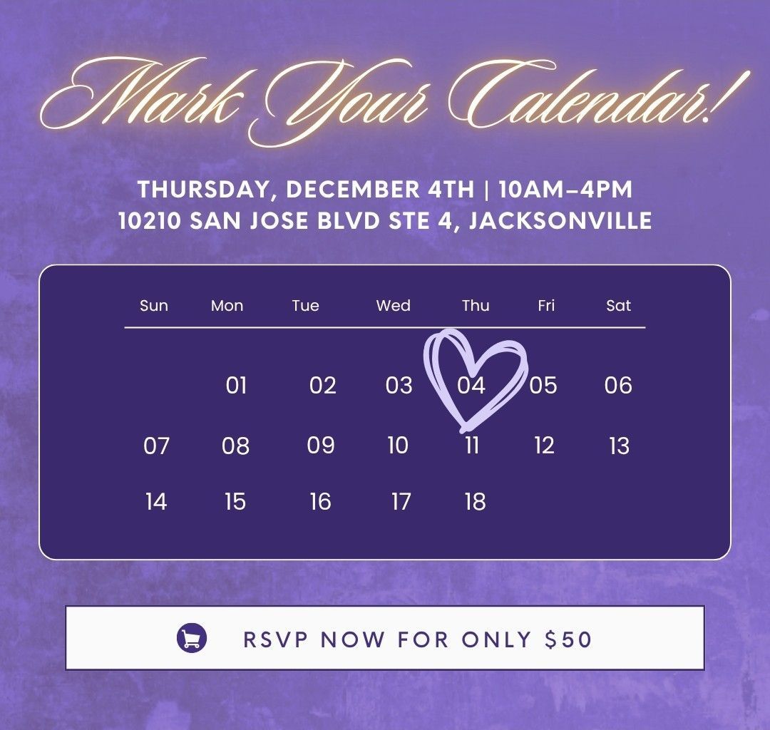 Event invitation: December 4th, 10am-4pm, Jacksonville. RSVP for $60. Features a calendar with the 4th highlighted.