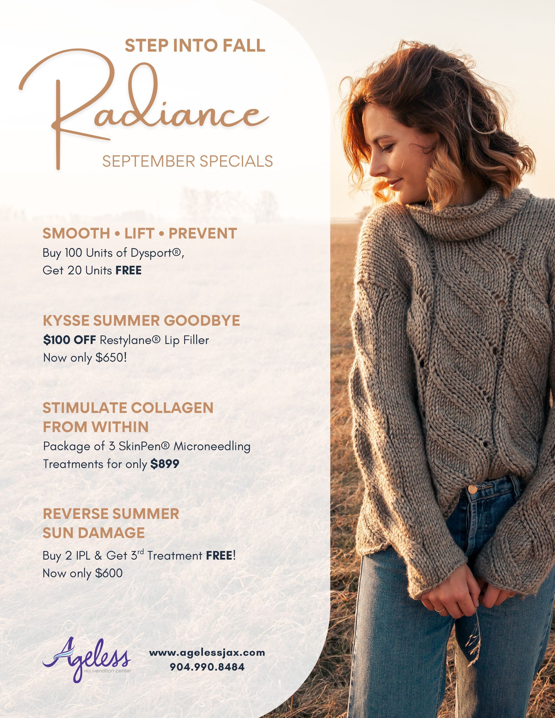Fall skincare ad. Woman in sweater with text: 