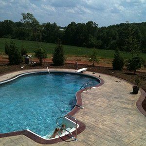 A person is swimming in a large swimming pool surrounded by trees.