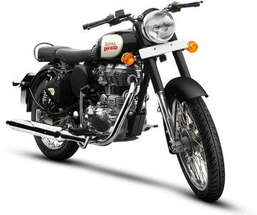 Motocicleta clássica preta com detalhes cromados e farol redondo sobre fundo branco.