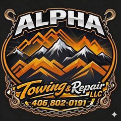 ALPHA Towing & Repair LLC logo with orange mountain peaks, black background, and phone number 406-802-0191