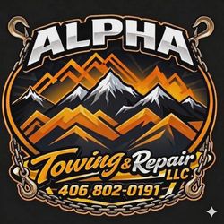 ALPHA Towing & Repair LLC logo with orange mountain peaks, black background, and phone number 406-802-0191