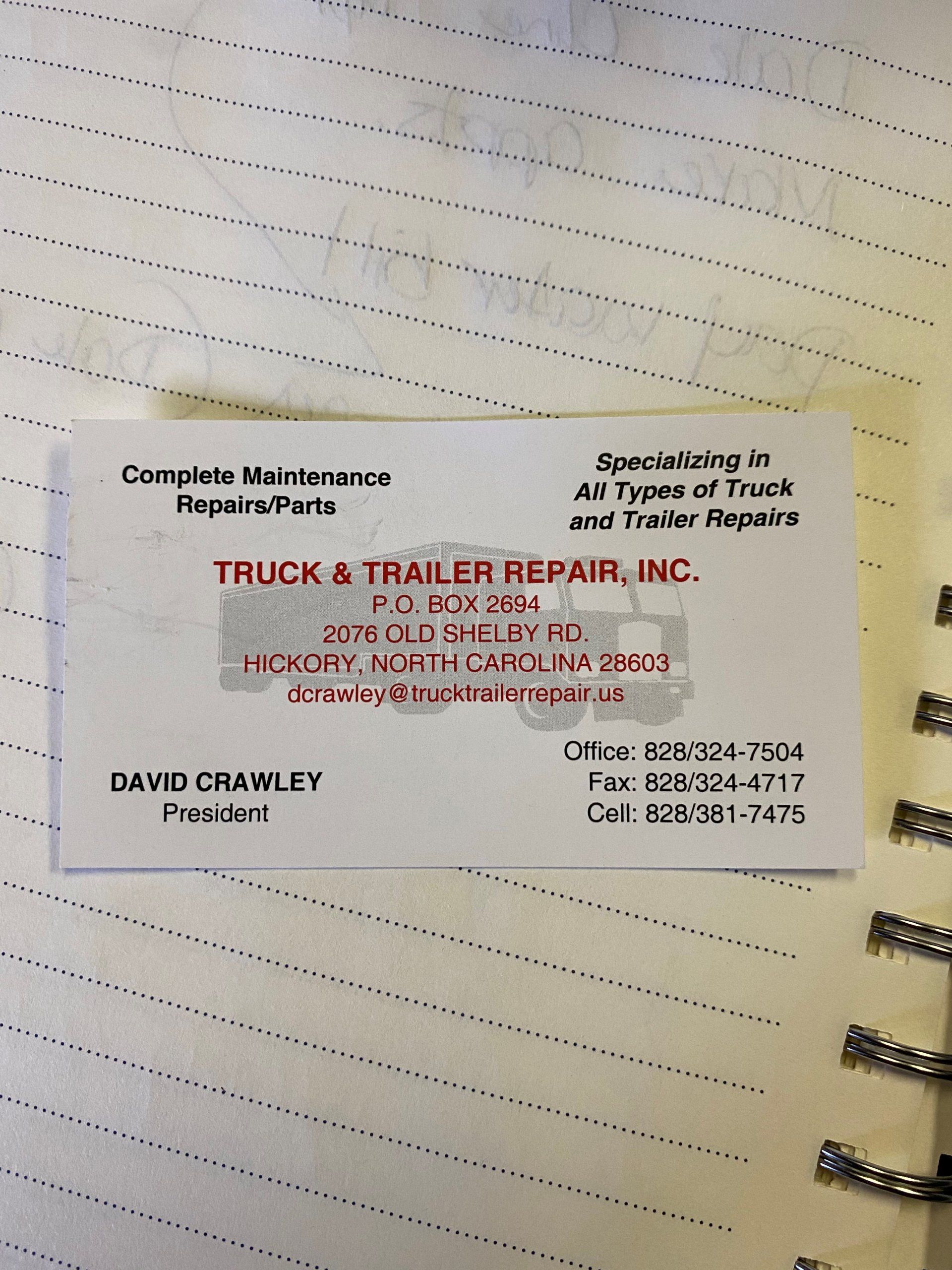 Truck And Trailer Business Card — Hickory, NC — Truck & Trailer Repair