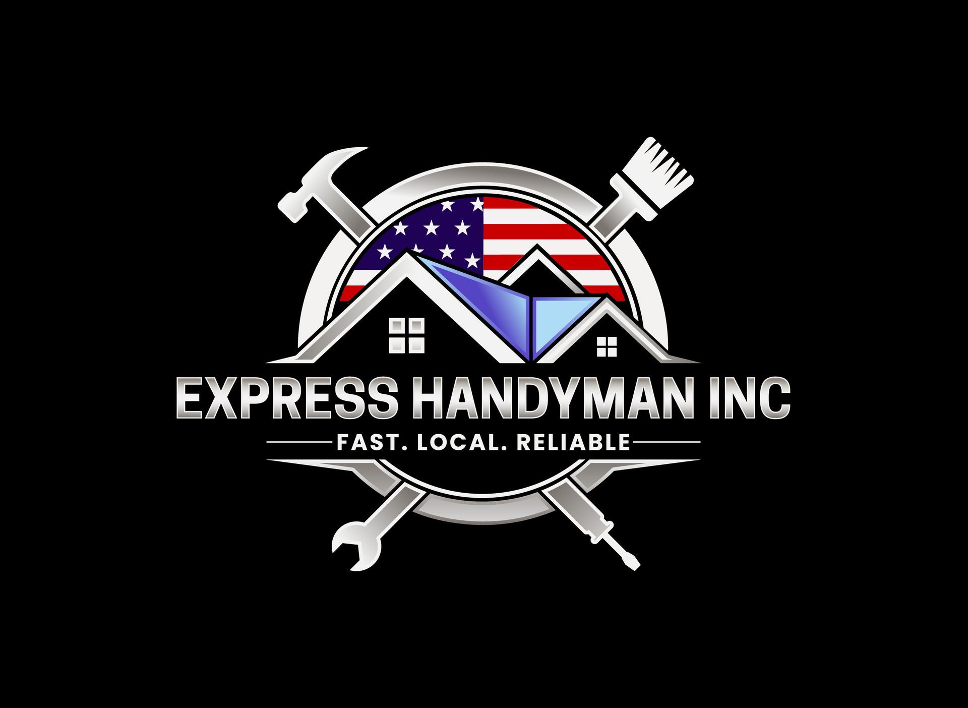 Logo for Express Handyman Inc. featuring crossed tools, a house silhouette, and an American flag in a circle.