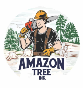 Lumberjack holding a chainsaw, wearing a hard hat, in front of trees; company logo for Amazon Tree, Inc.
