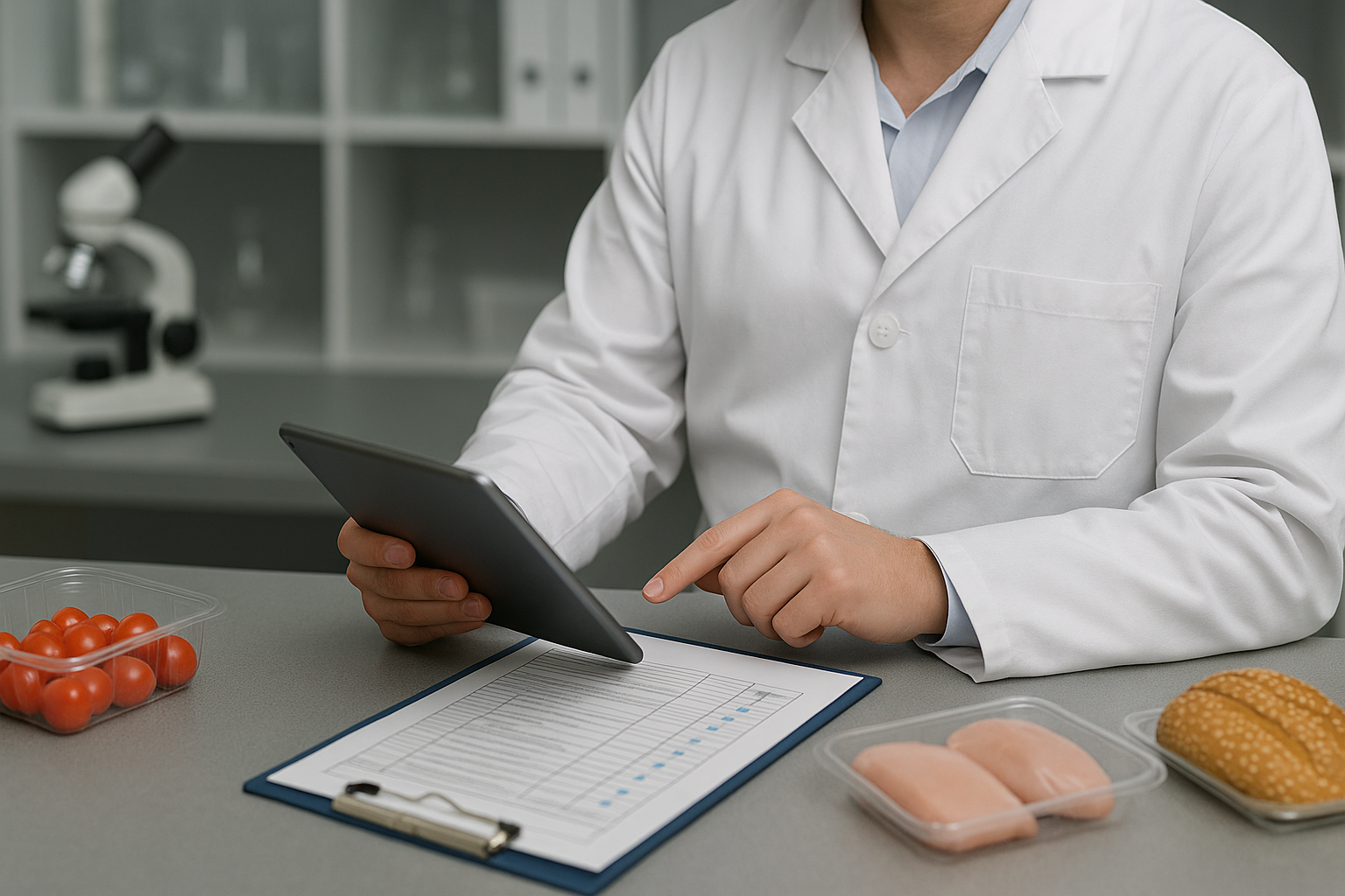 Scientist in lab coat uses a tablet, inspecting food samples: tomatoes, chicken, and bread.