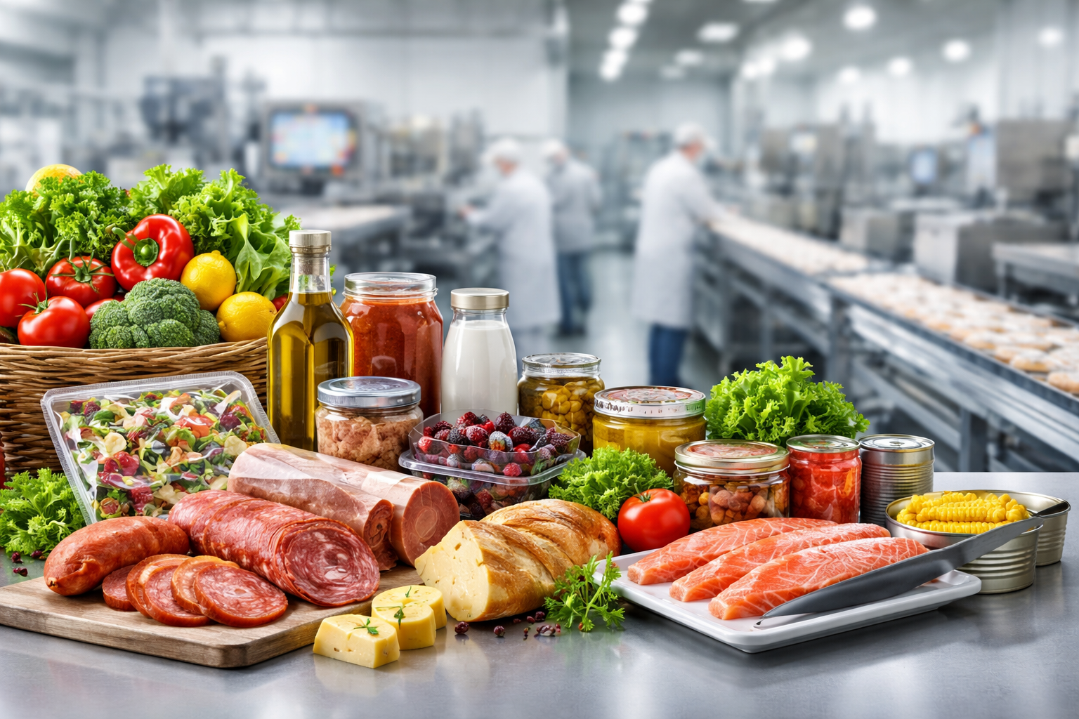 Assortment of fresh and processed food items on a table with a food processing plant in the background.