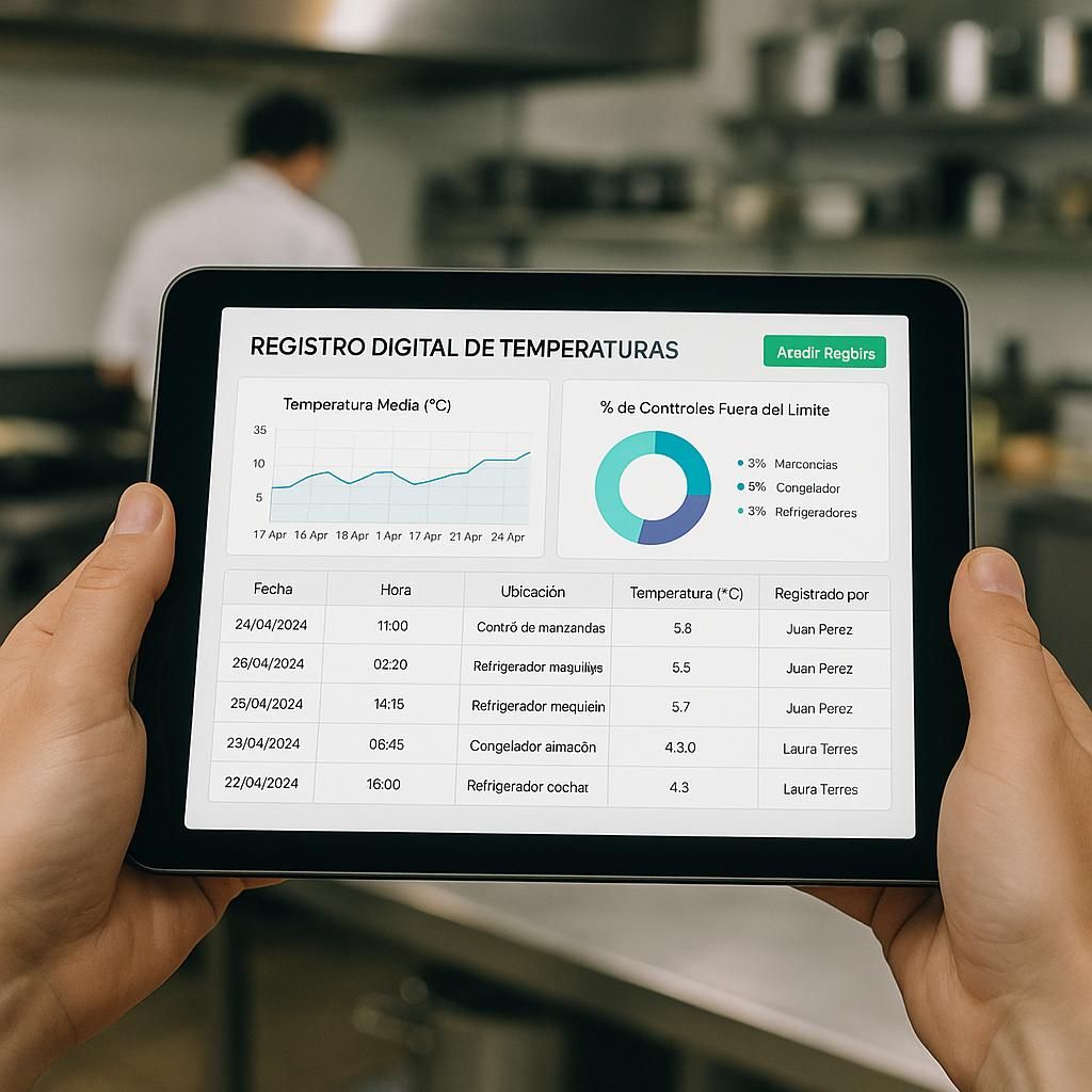 A person is holding a tablet with a dashboard on the screen.