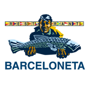Un logotipo para Barcelona con un hombre sosteniendo un pez grande.