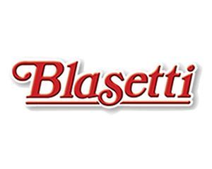 Un logotipo rojo y blanco para Blasetti sobre un fondo blanco.