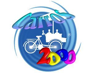 Un logotipo para Carros 2000 con una bicicleta en el centro.