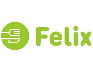Un logotipo verde y blanco para Félix sobre un fondo blanco.
