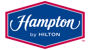 Un logotipo azul y rosa para Hampton by Hilton.