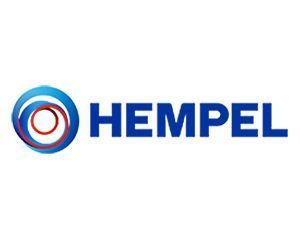 Un logotipo de Hempel azul y rojo sobre un fondo blanco.