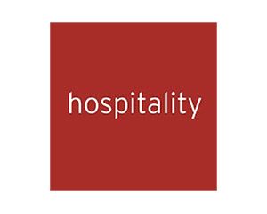 Un cuadrado rojo con la palabra hospitalidad escrita en él.