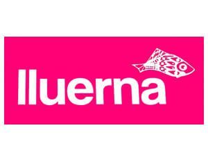 Un logotipo rosa y blanco con un pez encima.