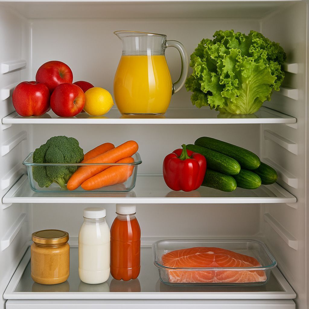 El interior de un refrigerador lleno de frutas y verduras.