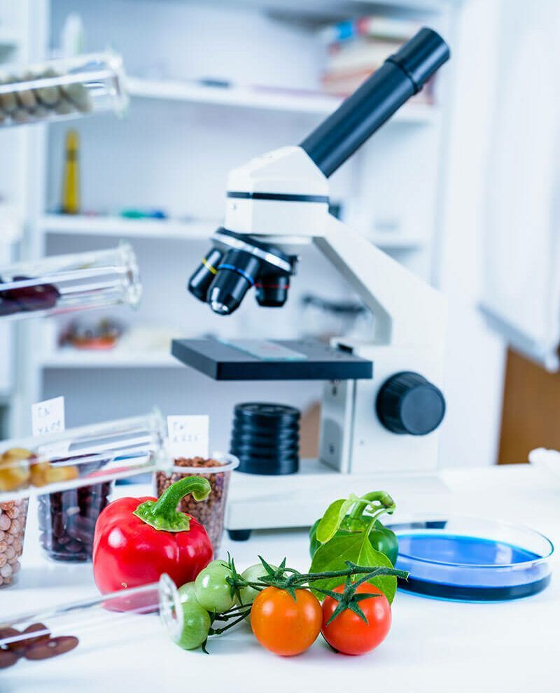 Un microscopio está sobre una mesa junto a tomates y pimientos.