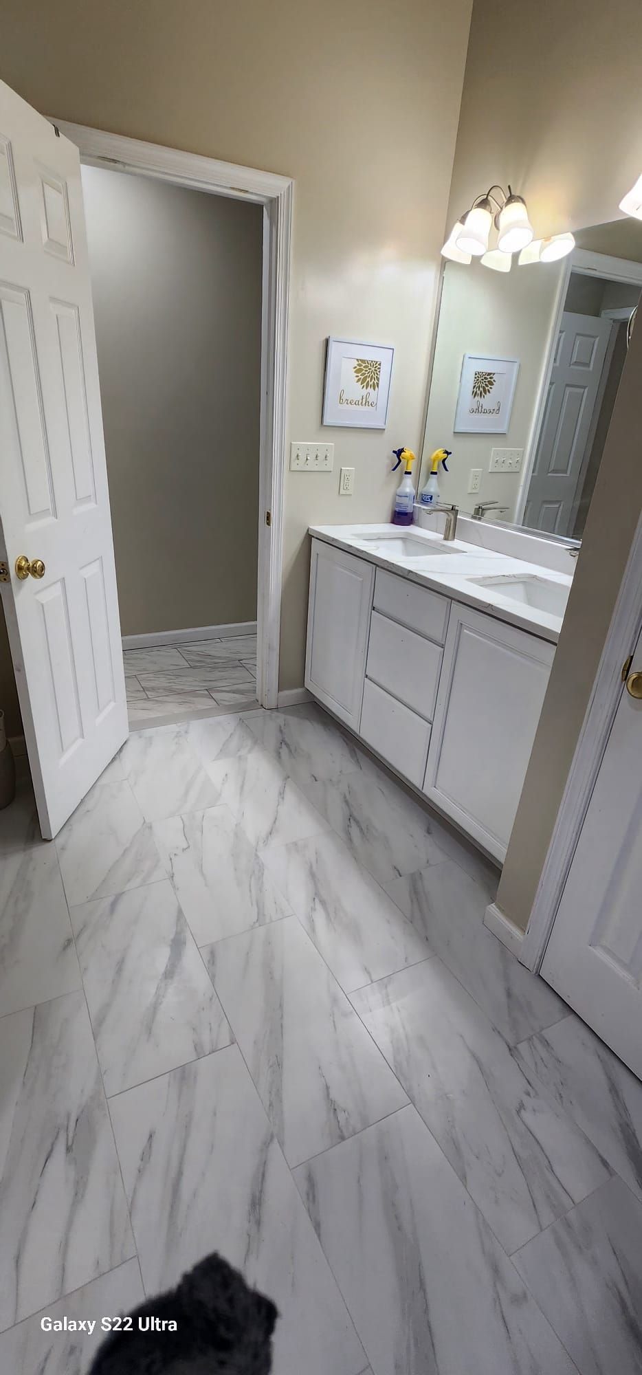 A bathroom with two sinks and a mirror.