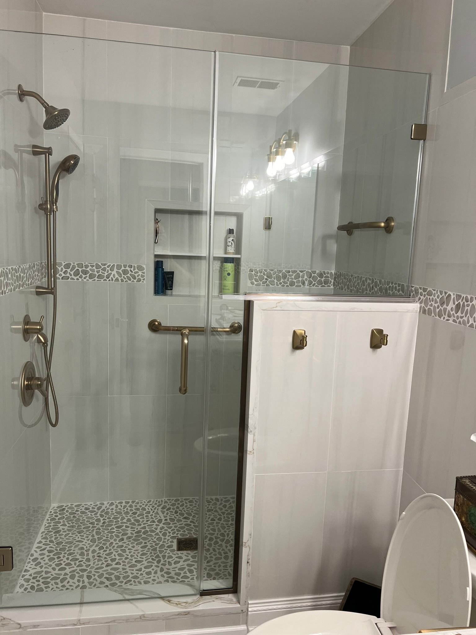 A bathroom with a walk in shower and a toilet.