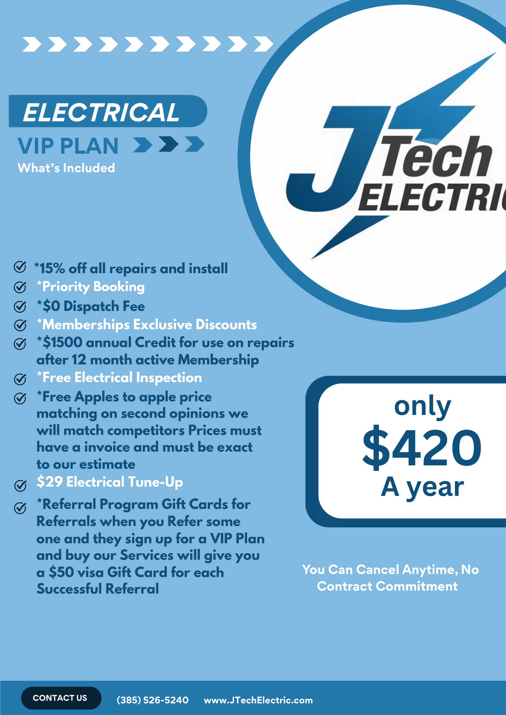 Flyer for J-Tech Electric VIP plan: offers discounts, priority service, and a referral program for $420 a year.