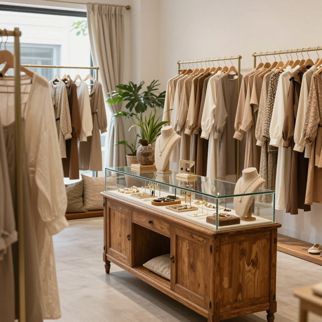 Inside SunShine Attic Boutique featuring clothing, jewelry, vintage furniture, and decorative home accents.
