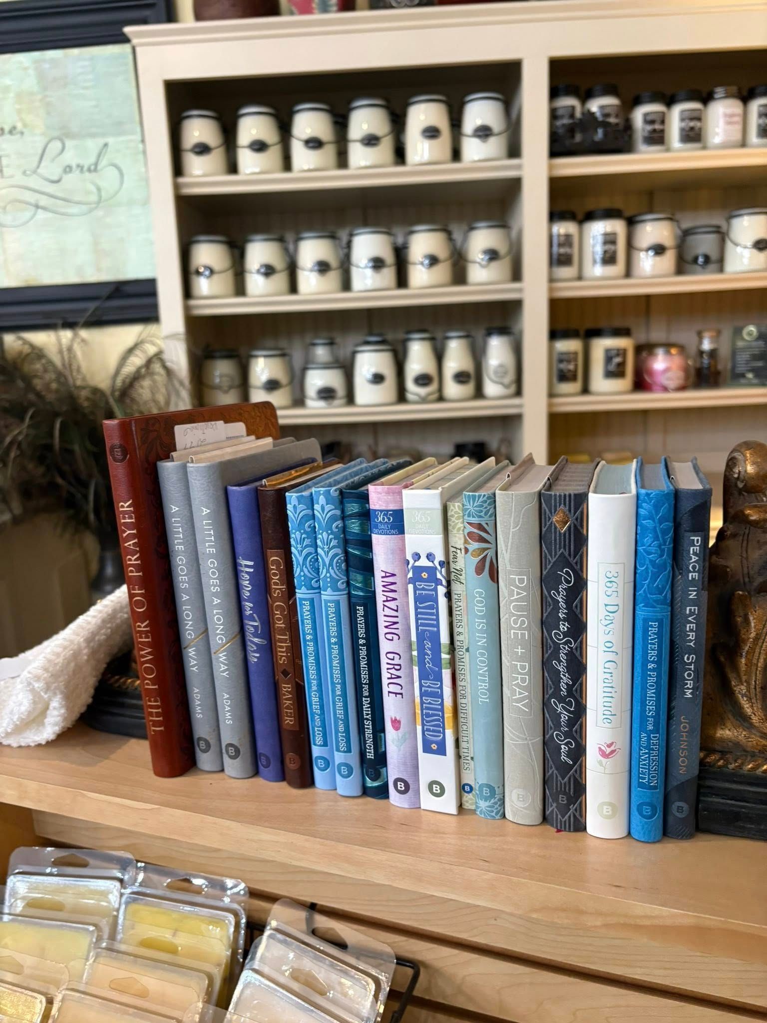 Row of colorful decorated books on a wooden counter in a cozy shop, with jars on shelves behind them