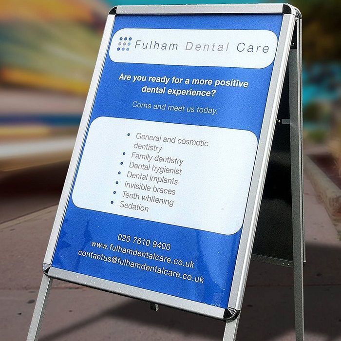 A frame sign that says fulham dental care on it, from Custom Signs & Signage by Fulham Signs 
