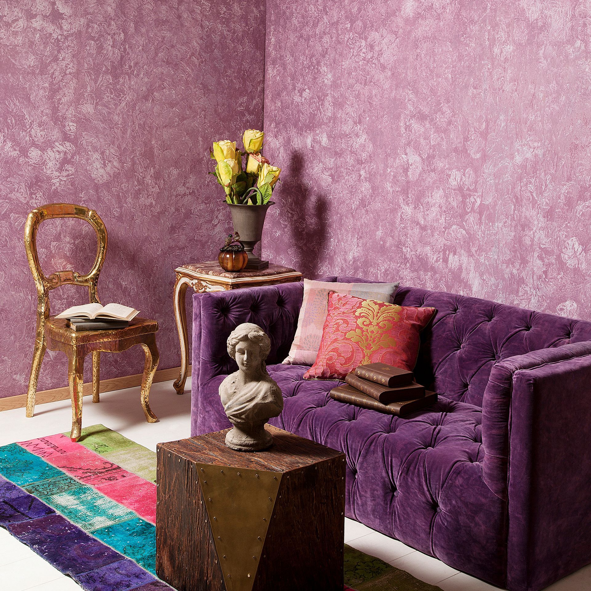 A living room with purple wallpaper Custom Signs & Signage by Fulham Signs 
