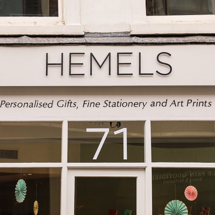 The front of hemels personalised gifts fine stationery and art prints Custom Fascia Shop Signs & Signage by Fulham Signs 
