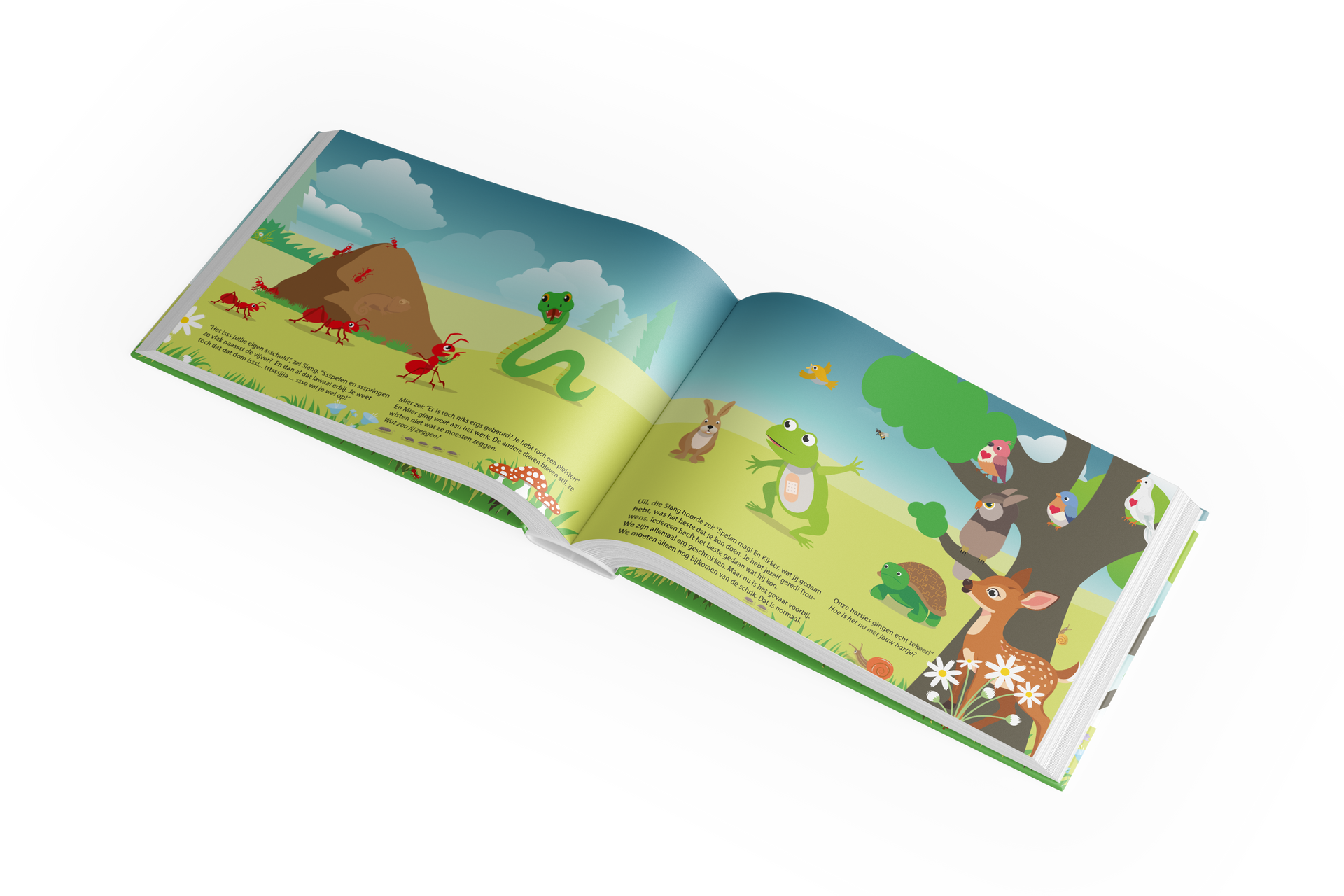 Binnenzijde boek. Schildpad, Haas en Kikker worden helden.