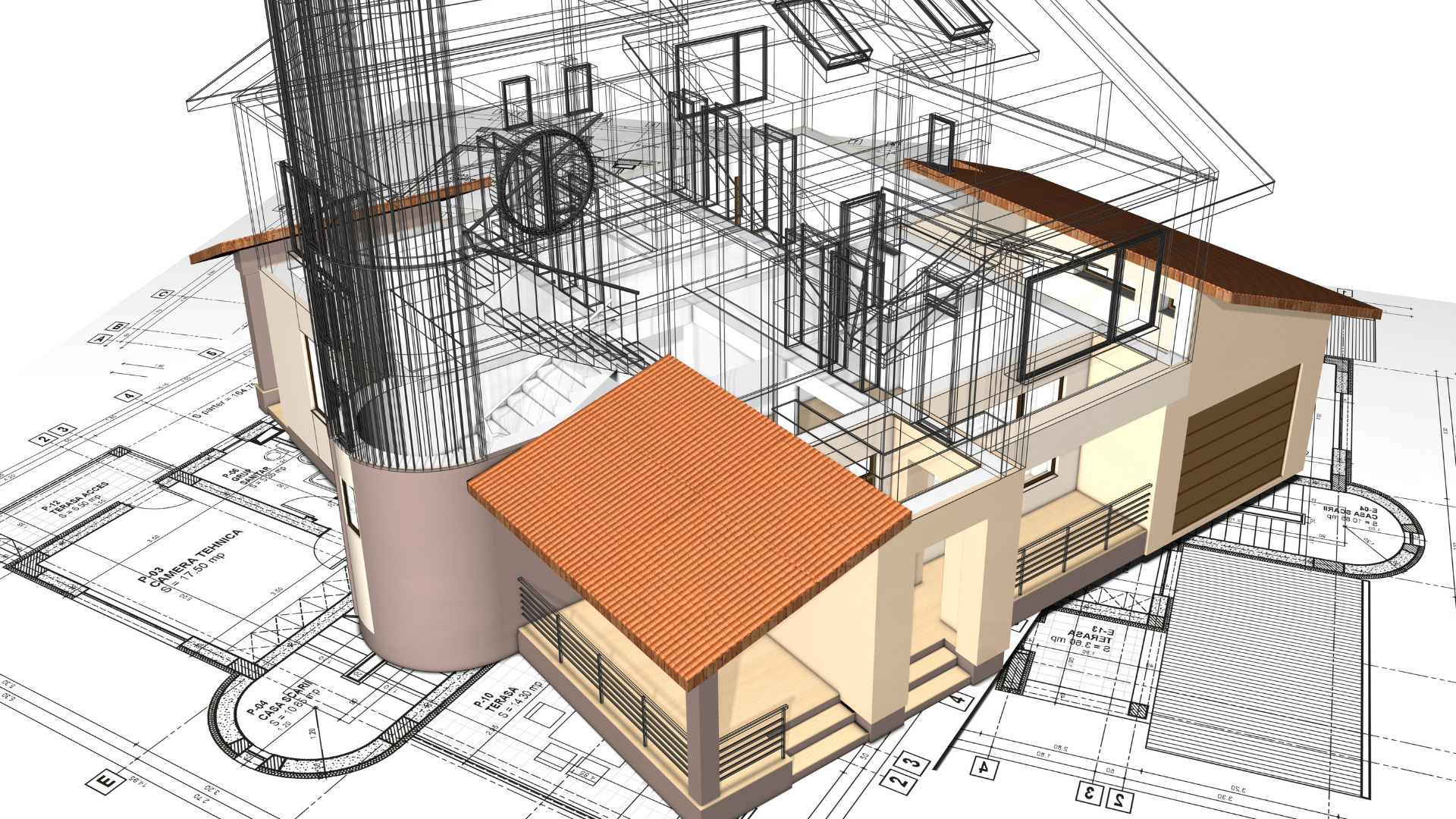A 3d model of a house with a red tile roof