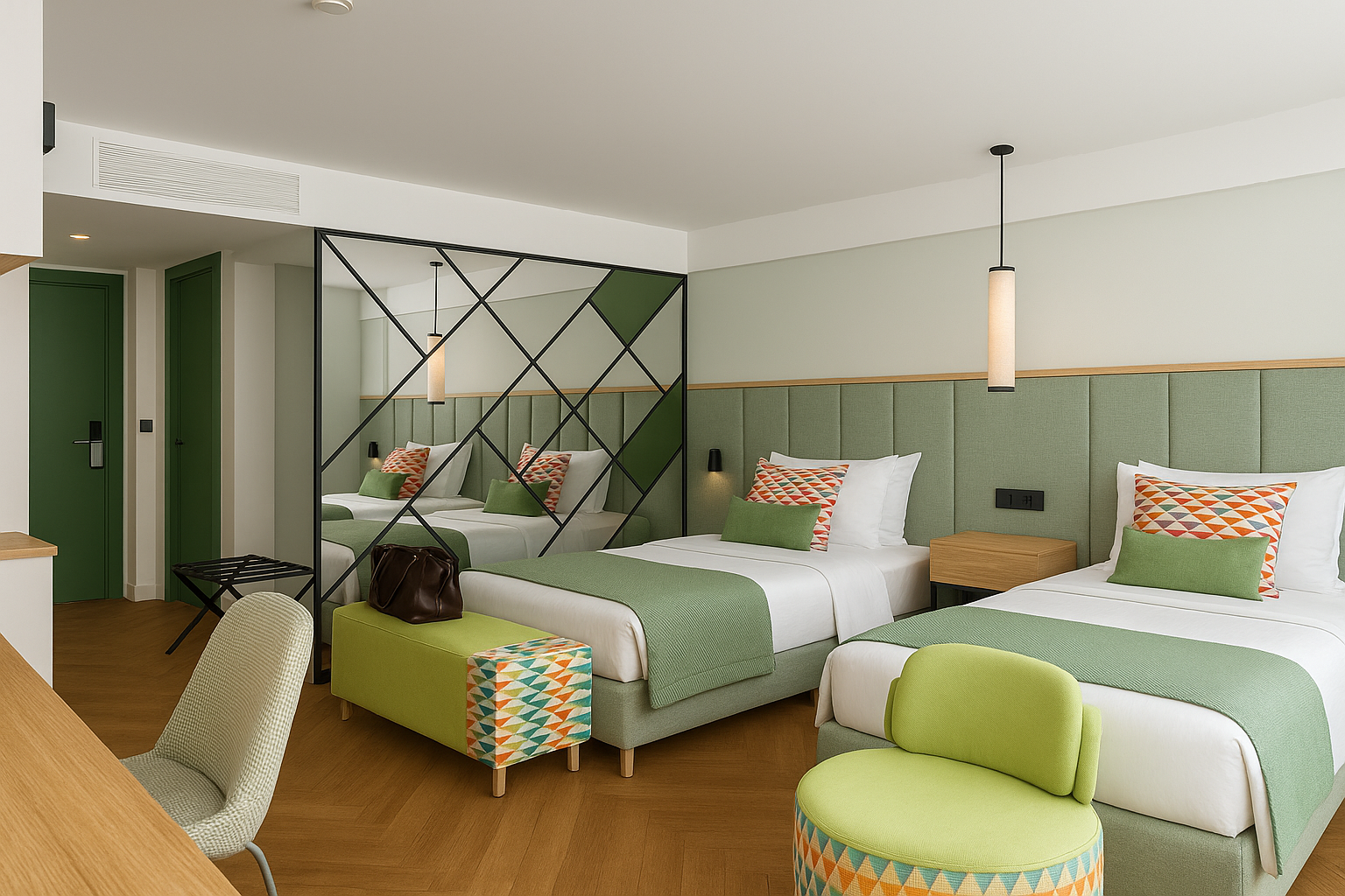 A hotel room with two beds , a chair , a desk and a mirror.