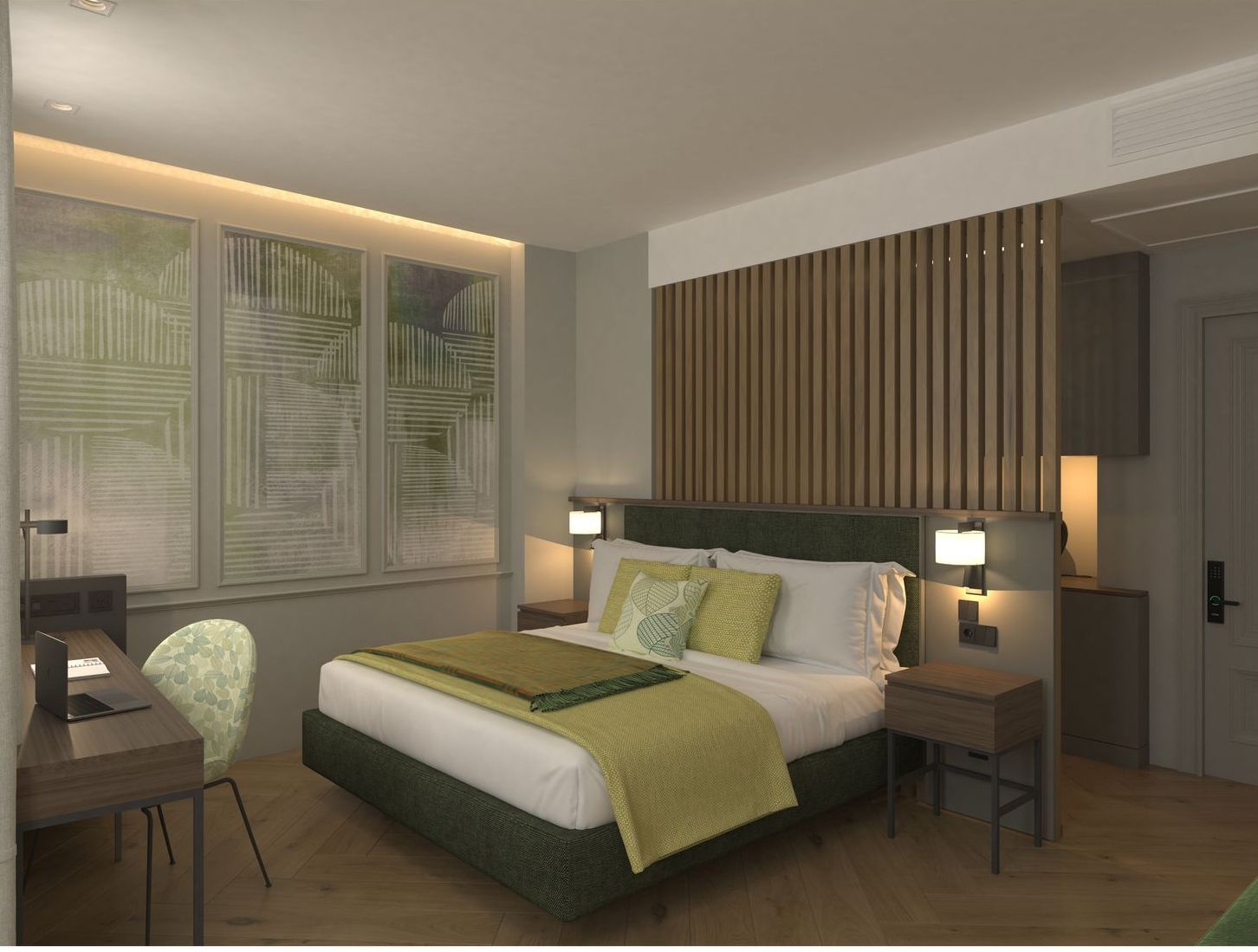 The Wings Hotels Pera | A hotel room with a large bed and a desk